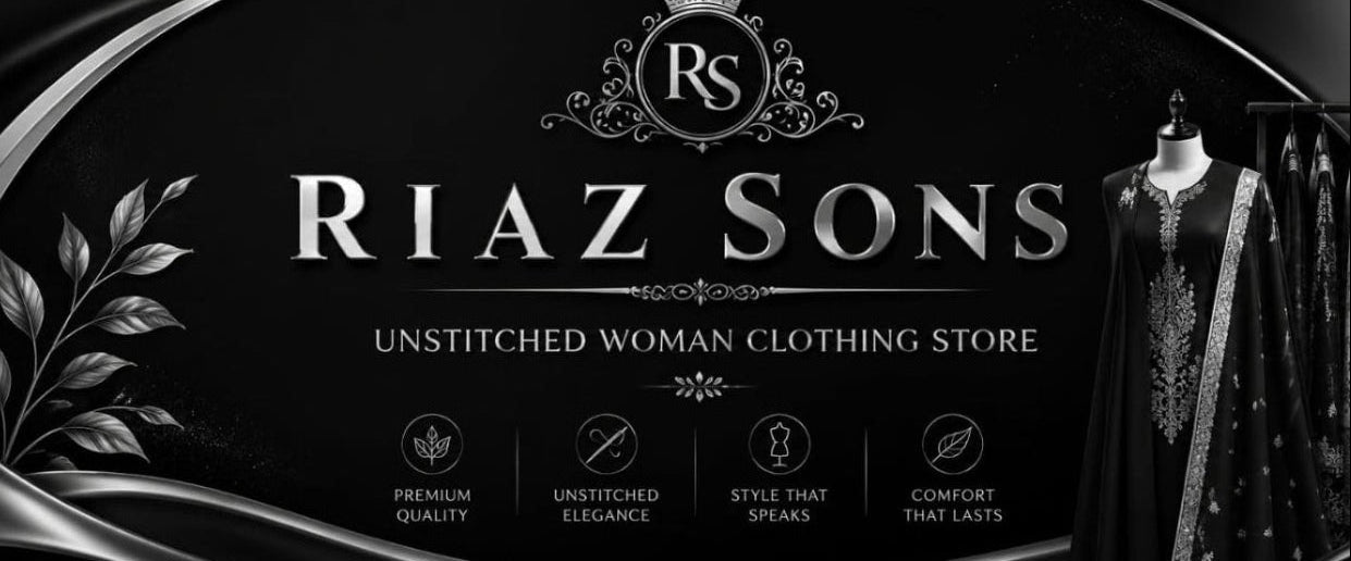 Advertisement for Riaz Sons, an unstitched woman clothing store, with a mannequin wearing a black dress.